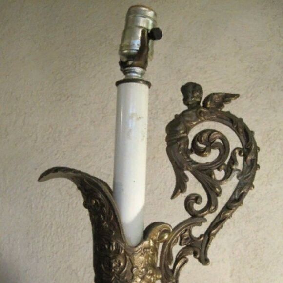 Art Nouveau Style Vintage Lamp Oversized Large Brass & Marble Base Angel Design - Picture 4 of 5
